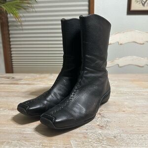 Paul Green Munchen Black Square Toe Stitched Leather Mid Calf Boots 7.5